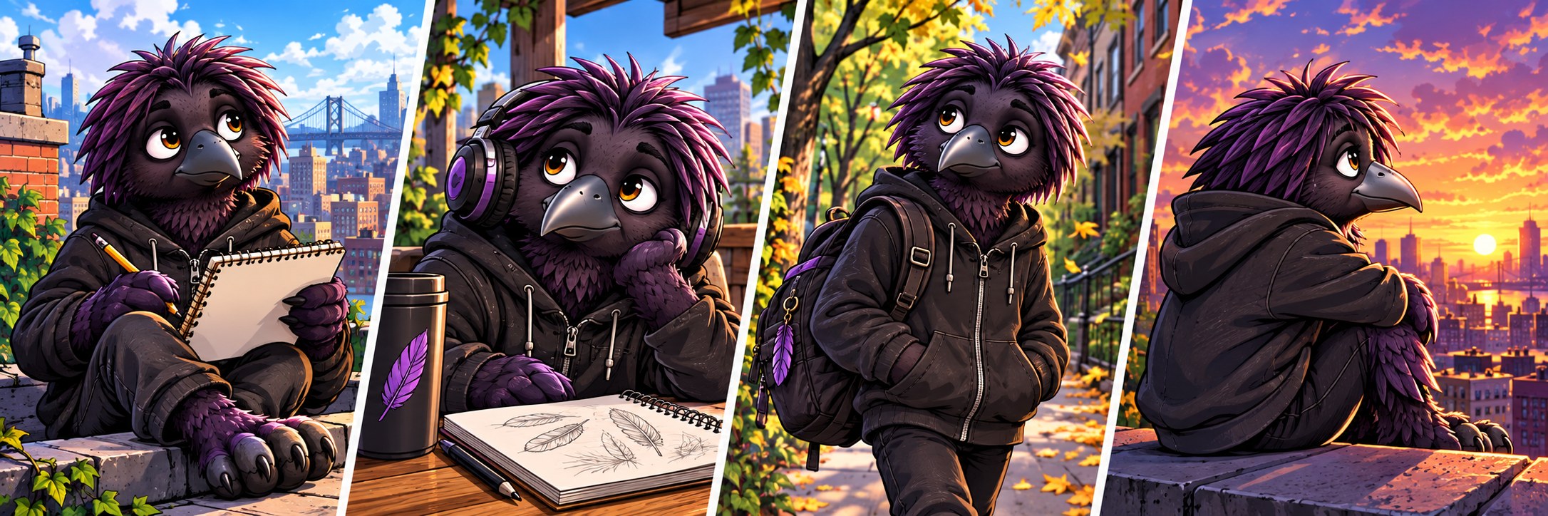 Four illustrated scenes with Morrow
